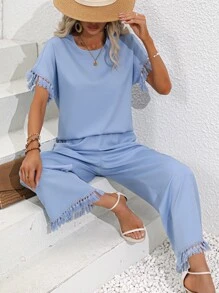 SHEIN LUNE Fringe Trim Batwing Sleeve Top & Wide Leg Trousers - Blue - View 1