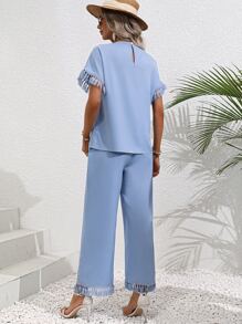 SHEIN LUNE Fringe Trim Batwing Sleeve Top & Wide Leg Trousers - Blue - View 2