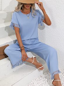 SHEIN LUNE Fringe Trim Batwing Sleeve Top & Wide Leg Trousers - Blue - View 3