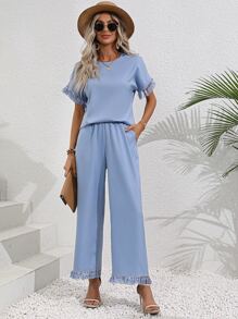 SHEIN LUNE Fringe Trim Batwing Sleeve Top & Wide Leg Trousers - Blue - View 5