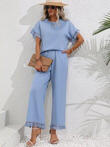 SHEIN LUNE Fringe Trim Batwing Sleeve Top & Wide Leg Trousers - Blue - View 6