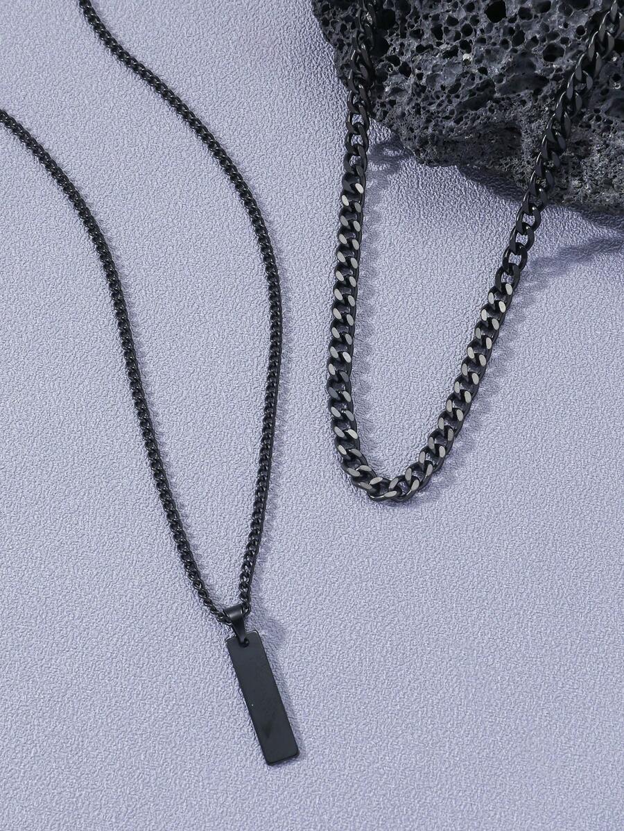 2pcs/set Fashionable Stainless Steel Rectangle Decor Chain Necklace For Men For Daily Decoration for Jewelry Gift - Gun Black - View 1