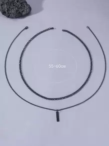 2pcs/set Fashionable Stainless Steel Rectangle Decor Chain Necklace For Men For Daily Decoration for Jewelry Gift - Gun Black - View 3