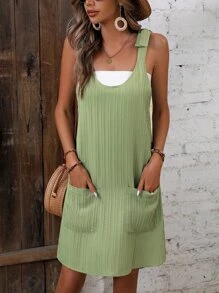 SHEIN LUNE 肩上打結雙口袋背帶裙不附抹胸 - 青檸色 - 查看 3