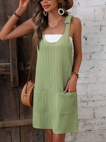 SHEIN LUNE 肩上打結雙口袋背帶裙不附抹胸 - 青檸色 - 查看 4
