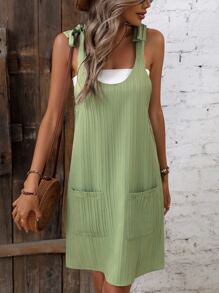 SHEIN LUNE 肩上打結雙口袋背帶裙不附抹胸 - 青檸色 - 查看 5