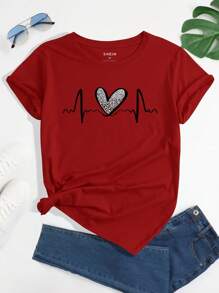 SHEIN Essnce 心和豹紋印花T恤 - 酒紅色 - 查看 1