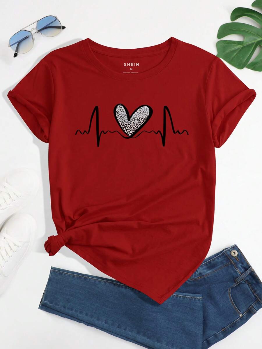 SHEIN Essnce 心和豹紋印花T恤 - 酒紅色 - 查看 1