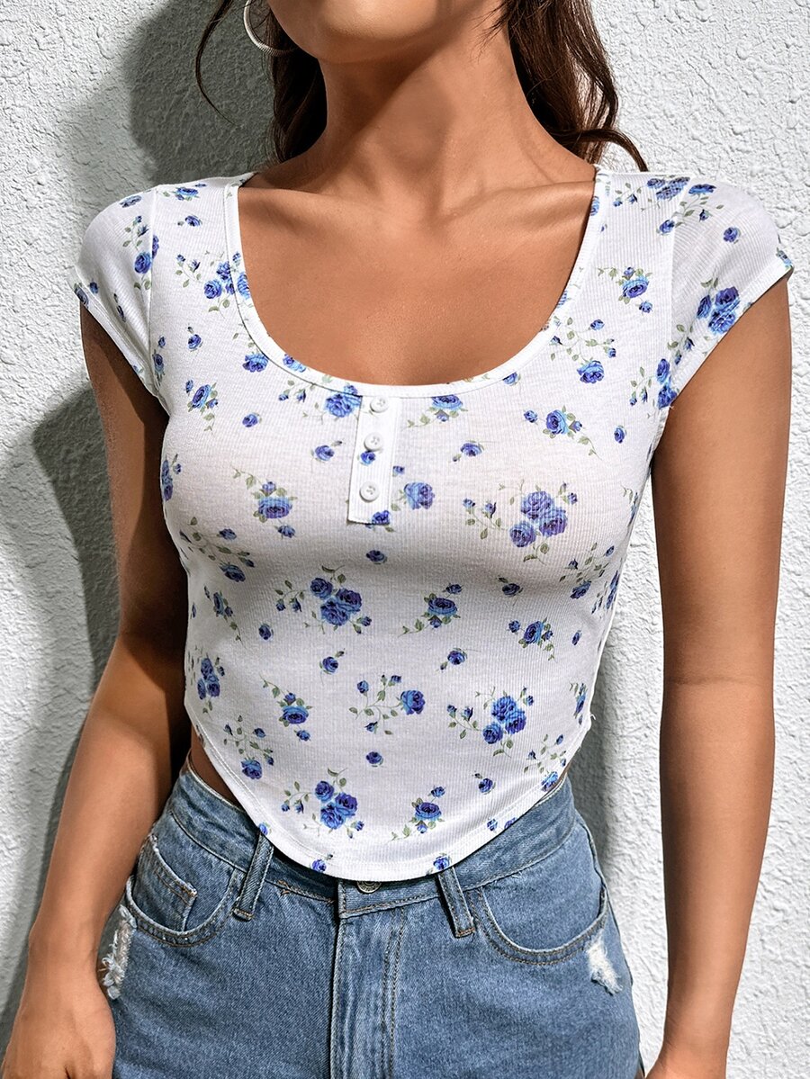 SHEIN Qutie Floral Print Curved Hem Tee - White - View 1