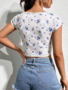 SHEIN Qutie Floral Print Curved Hem Tee - White - View 2