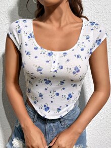 SHEIN Qutie Floral Print Curved Hem Tee - White - View 3