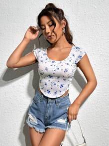 SHEIN Qutie Floral Print Curved Hem Tee - White - View 4