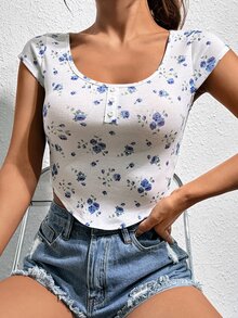 SHEIN Qutie Floral Print Curved Hem Tee - White - View 6