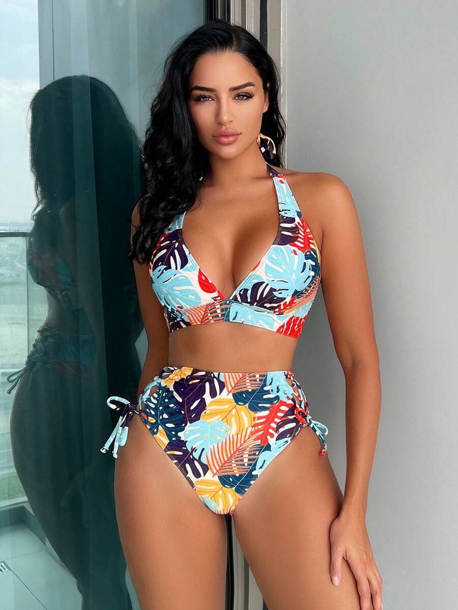 SHEIN Swim Tropical Print Halter Summer Beach Bikini Set - Multicolor - View 1