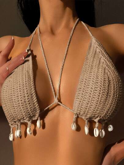 SHEIN Swim 貝殼裝飾貝殼細節勾織吊脖罩衫