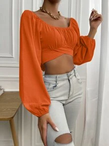 Chiquease Ruched Bust Tie Back Crop Blouse - Orange - View 3