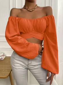 Chiquease Ruched Bust Tie Back Crop Blouse - Orange - View 5