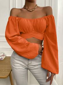 Chiquease Ruched Bust Tie Back Crop Blouse - Orange - View 8