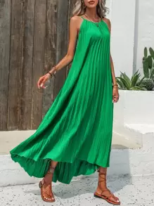 Breezaya Đầm Maxi Cami Chi Tiết Xếp Ly Trơn Trang Phục Đi Biển Cho Nữ - màu xanh lá - Xem 3