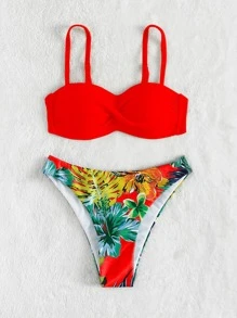 热带印花聚拢比基尼套装，适合夏季海滩度假 - 紅色 - 查看 4