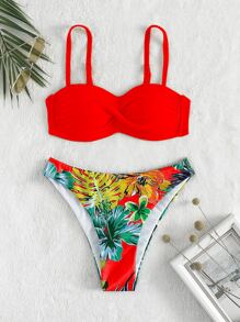 热带印花聚拢比基尼套装，适合夏季海滩度假 - 紅色 - 查看 6