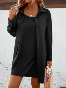 SHEIN Clasi 素色前紐扣襯衫和吊帶連衣裙 - 黑色 - 查看 6