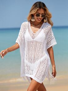 SHEIN Swim Áo che Nữ Chia màu trơn - trắng - Xem 1