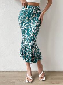 Chiquease Allover Print Mermaid Hem Skirt - Green - View 4