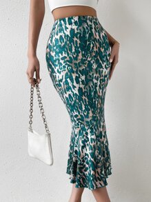 Chiquease Allover Print Mermaid Hem Skirt - Green - View 5