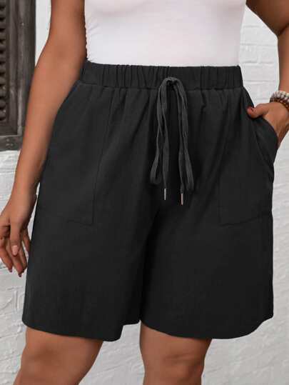 SHEIN LUNE 大码女式纯色抽绳腰带口袋宽松休闲短裤