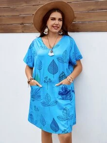 EMERY ROSE Đầm Plus Size Túi Thực vật Boho - Màu xanh lam - Xem 5
