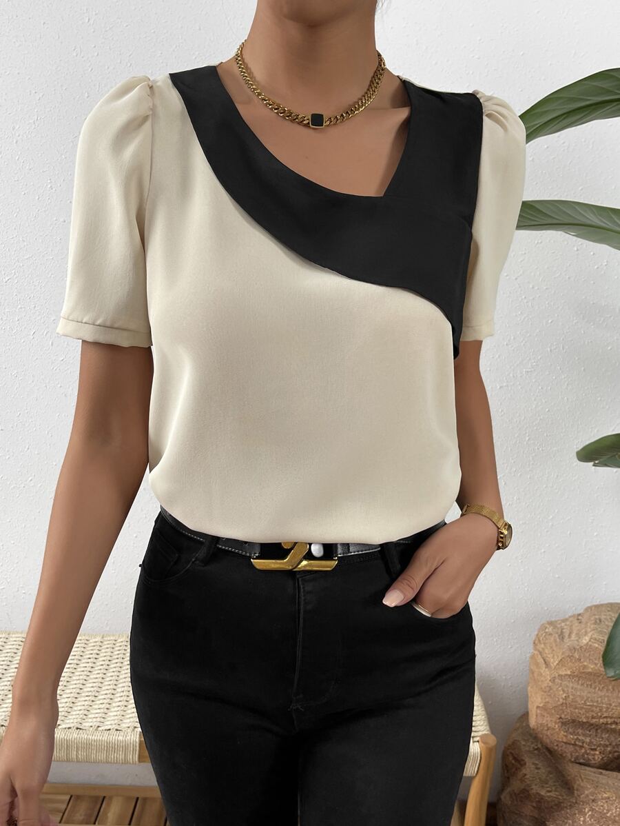 SHEIN Privé Áo sơ mi nữ Khối Màu Giải trí - Màu be - Xem 1