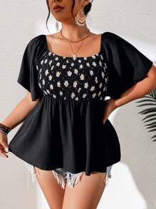 SHEIN Clasi Áo sơ mi Plus Size Viên lá sen Dải chun Thực vật Boho - màu đen - Xem 1