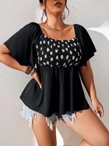 SHEIN Clasi Áo sơ mi Plus Size Viên lá sen Dải chun Thực vật Boho - màu đen - Xem 4