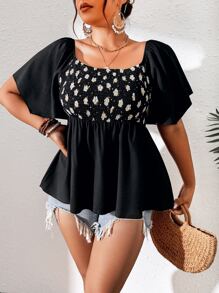SHEIN Clasi Áo sơ mi Plus Size Viên lá sen Dải chun Thực vật Boho - màu đen - Xem 6
