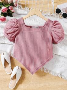 SHEIN Girls Square Neck Puff Sleeve Bandana Hem Tee - Dusty Pink - View 1