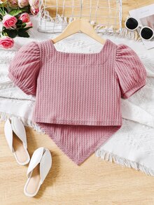 SHEIN Girls Square Neck Puff Sleeve Bandana Hem Tee - Dusty Pink - View 2