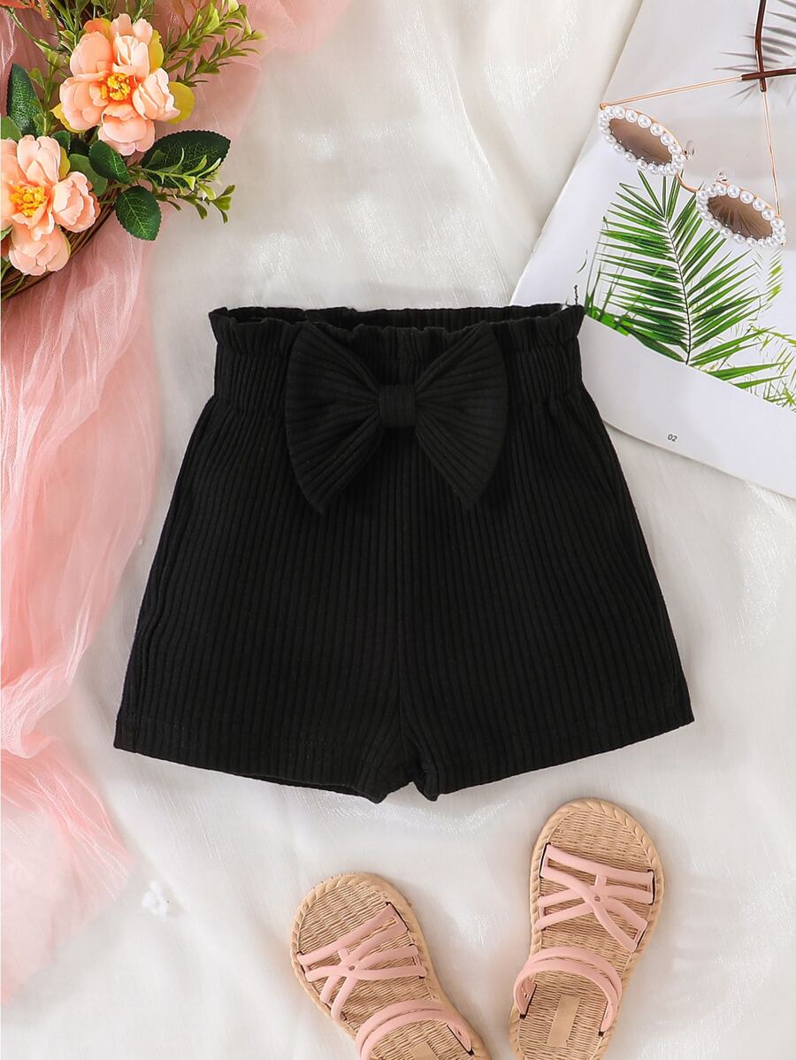 Baby Girl Bow Front Paperbag Waist Shorts - Black - View 1