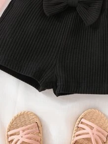 Baby Girl Bow Front Paperbag Waist Shorts - Black - View 4
