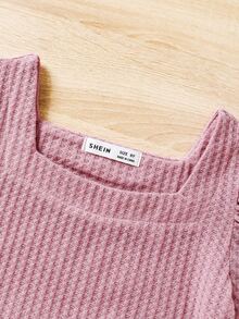 SHEIN Girls Square Neck Puff Sleeve Bandana Hem Tee - Dusty Pink - View 5
