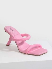 Women Double Strap Sculptural Heeled Sandals, Fashion Pink Fabric Mule Sandals - Pink - View 4