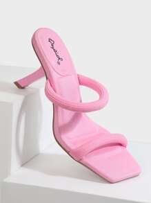 Women Double Strap Sculptural Heeled Sandals, Fashion Pink Fabric Mule Sandals - Pink - View 5