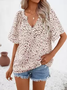 SHEIN LUNE Ditsy Floral Print Notched Neckline Raglan Sleeve Blouse - Multicolor - View 5