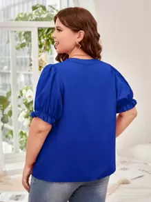 SHEIN Clasi Plus Notched Neckline Puff Sleeve Blouse - Royal Blue - View 2