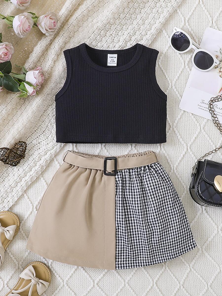 Baby Ribbed Knit Tank Top & Gingham Print Belted Skirt - Multicolor - View 1