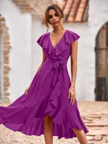 SHEIN Clasi Ruffle Trim Belted Wrap Dress - Purple - View 3