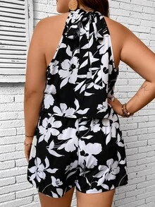 SHEIN VCAY Plus Floral Print Halter Top & Shorts - Black and White - View 4