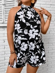 SHEIN VCAY Plus Floral Print Halter Top & Shorts - Black and White - View 5