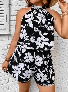 SHEIN VCAY Plus Floral Print Halter Top & Shorts - Black and White - View 1
