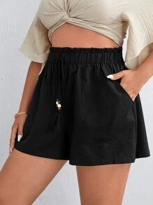 SHEIN VCAY Quần Short kích thước lớn mép Túi Quần paper-bag màu trơn Boho - màu đen - Xem 1
